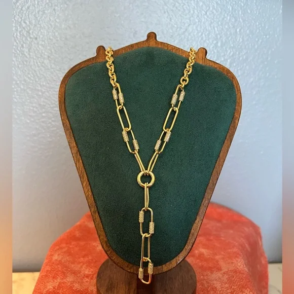 Elegant Gold Peperclip Carabiner Status Link Chain and AAAC CZ Necklace - Picture 1 of 3